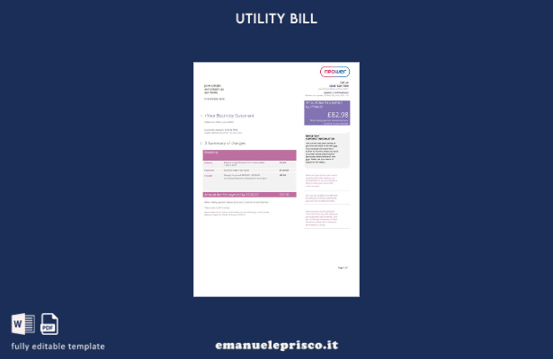 stile verificato Modello di pagina della bolletta delle utenze del Regno Unito N